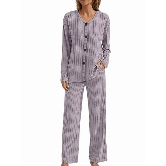 Women'S 2 Piece Lounge Sets Ribbed Long Sleeve Button Top Matching Pants Sleepwear Set Fall Outfits Light Purple XL