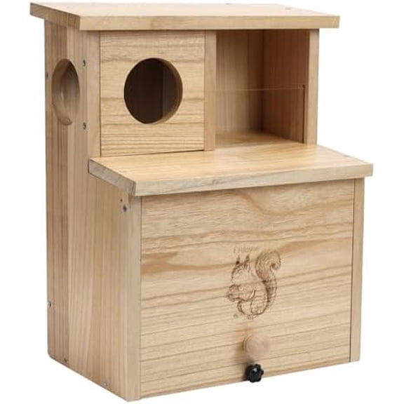 Large Squirrel Family House with Feeder Pine Wooden Box for Shelter Nesting Breeding Living Residence with Varnish Finished$$Garden & Patio