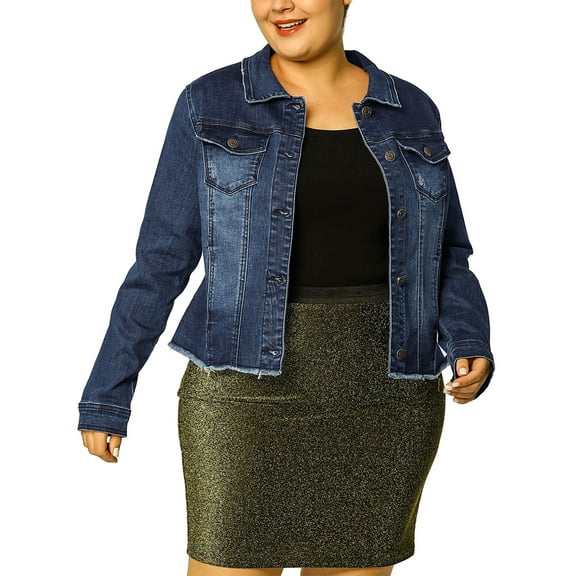 Unique Bargains Women's Plus Size Washed Front Frayed Classic Denim Jacket 4X Dark Blue