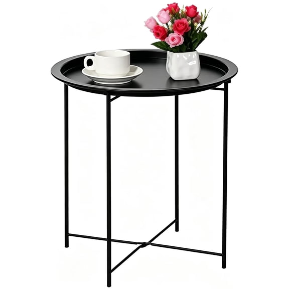 End Table, Metal Side Table Round Folding Tray Sofa Small Accent Fold-able Table, Round End Table Tray, Next to Sofa Table, Snack Table for Living Room and Bed Room(Black）