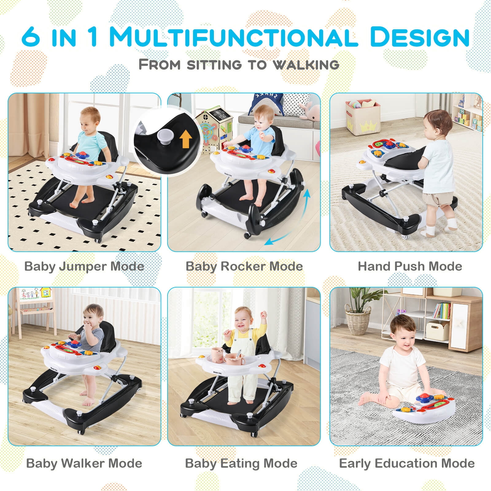 Costway 6 in 1 Baby Walker Adjustable Toddler Walker & Activity Center with Music Tray Black