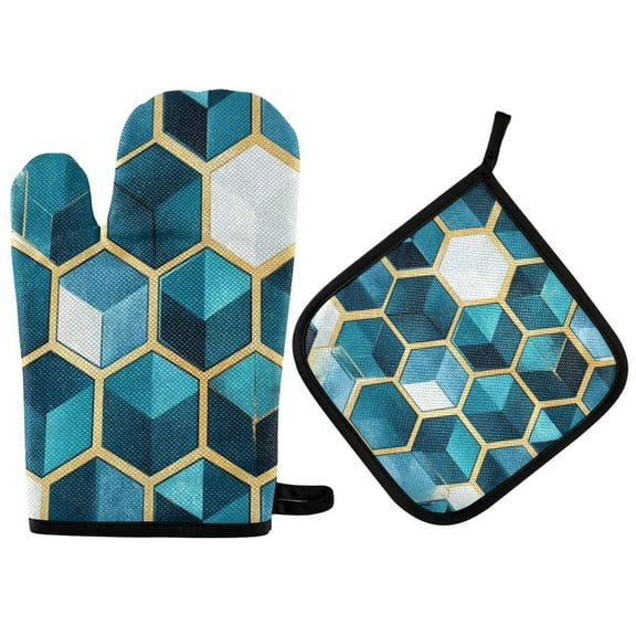 Yayeee Oven Mitts and Pot Holder Set of 2 Heat Resistant Kitchen Gloves Baking Hot Pad, Light Blue Geometric Pattern