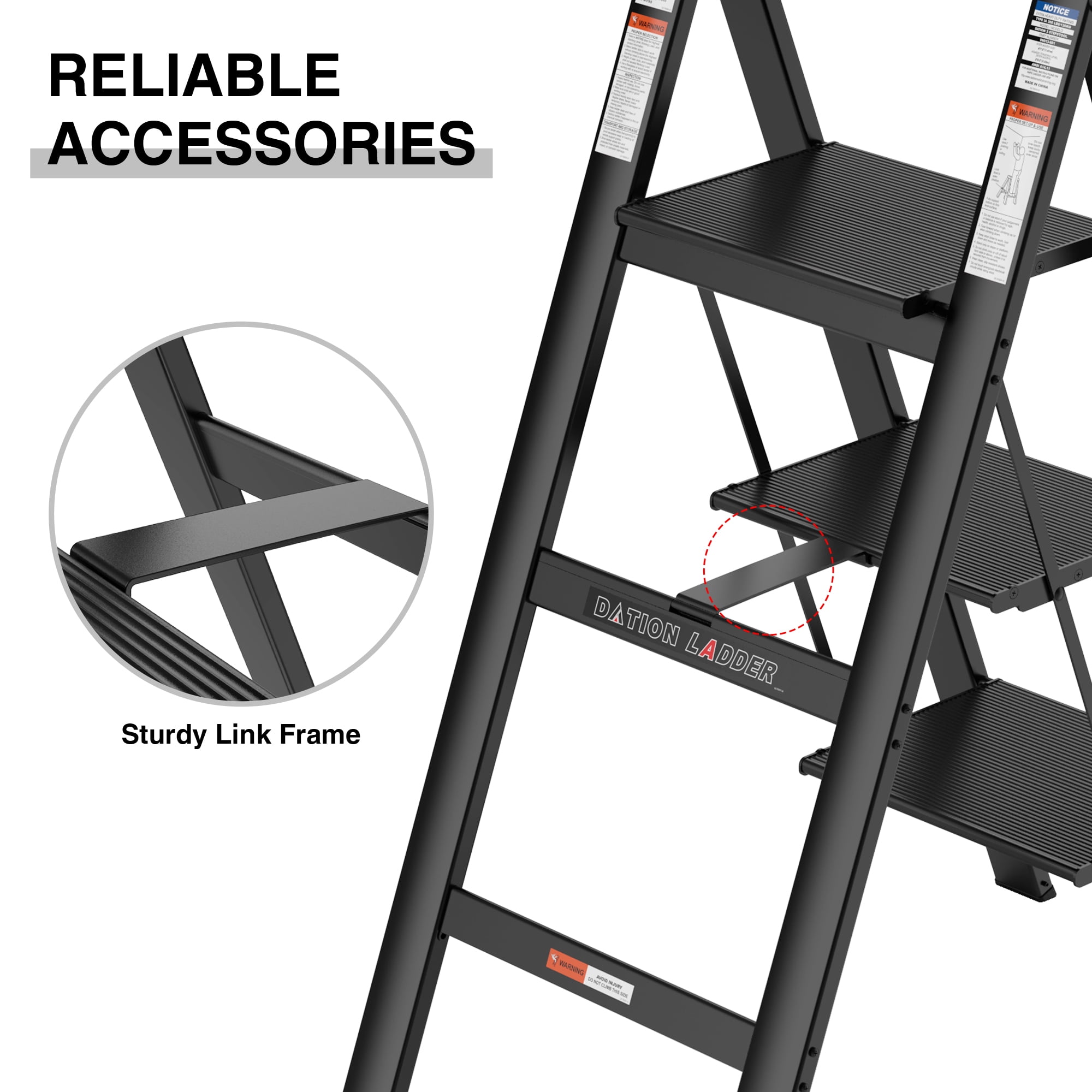 Kadyn Aluminum 3 Step Ladder, Retractable Ladder Folding Step Stool with Anti-Slip Wide Pedal, Portable Lightweight Ladder for Home and Office Use, Black