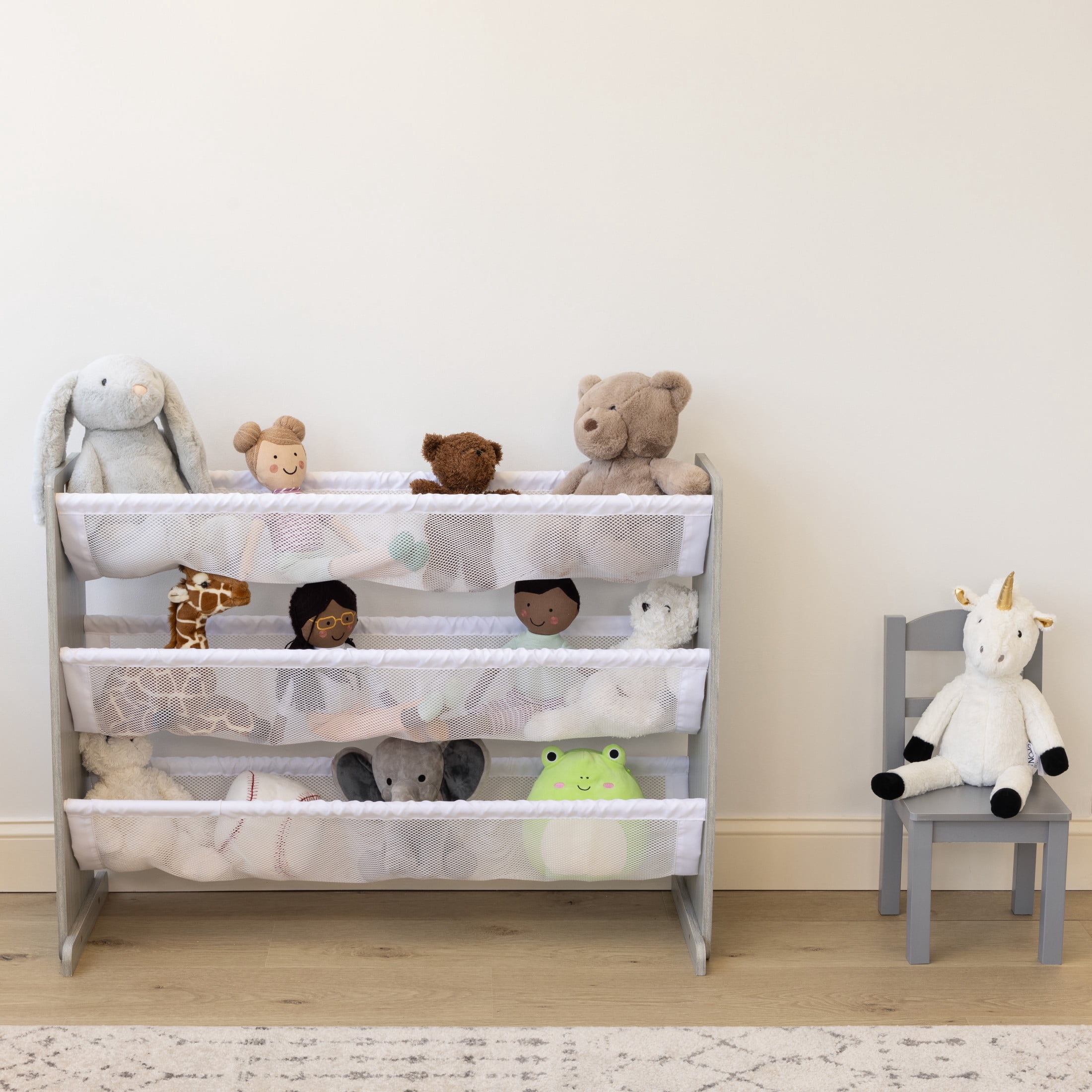 Humble Crew Slate Stuffed Animal Organizer with 3 Tiers, Grey Woodgrain/White