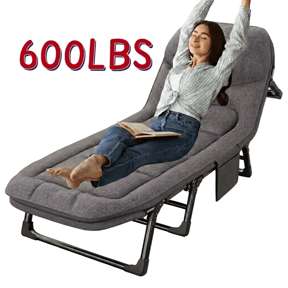 600LBS Padded Folding Camping Lounge Chair, Heavy‑Duty Recliner Cot with Side Pocket for Patio Beach Camping
