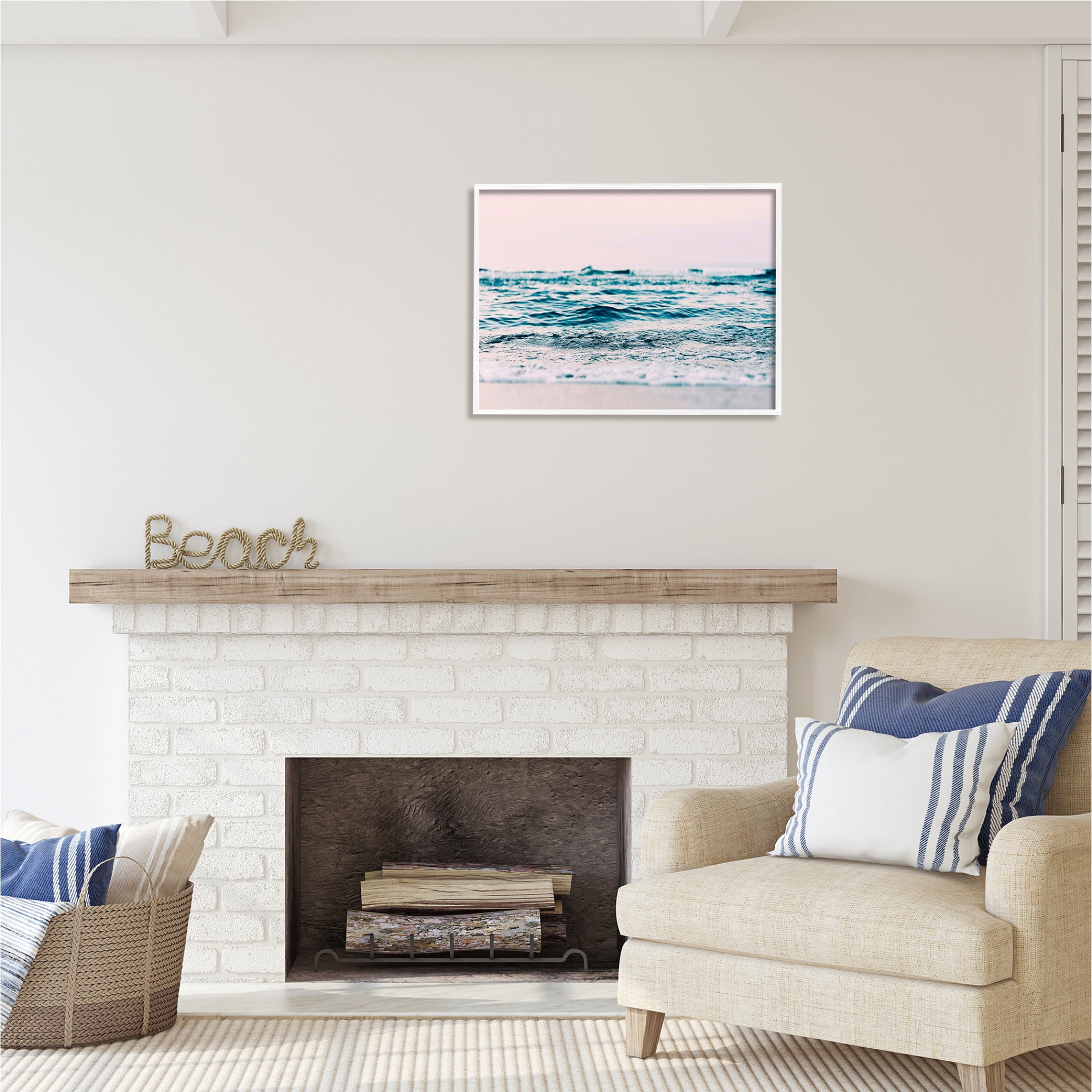 Stupell Industries Pink Sunrise Sea Waves Nature Photography White Framed Art Print Wall Art, 30 x 24