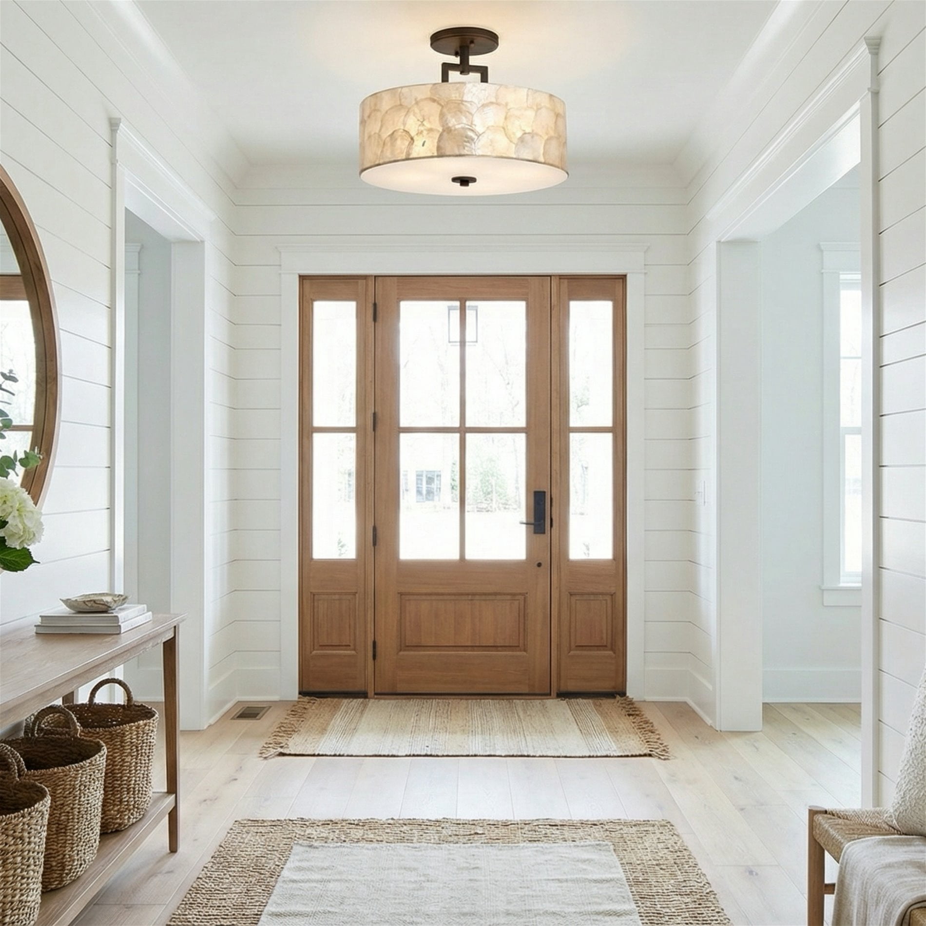 Kira Home Cove 15" Natural Capiz Shell Semi-Flush Mount Ceiling Light, Coastal 3-Light Drum, Oil Rubbed Bronze