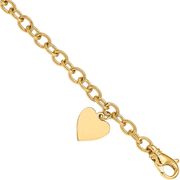 14K Solid Yellow Gold Single Link Chain Heart Charm Bracelet