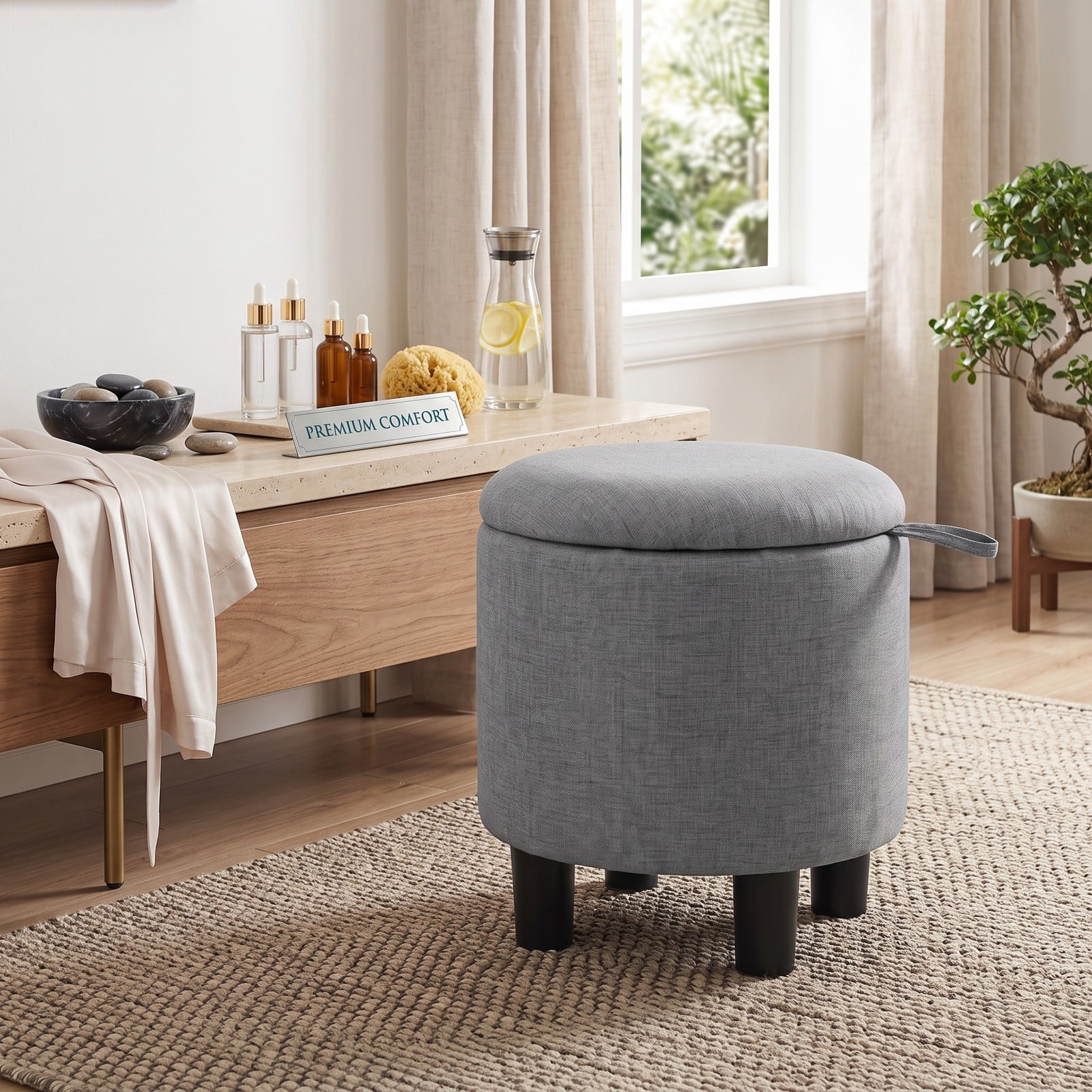 Furnibear Round Storage Ottoman, Linen Fabric Upholstered Footrest Stool with Reversible Lid, Padded Storage Bench Vanity Seat Side Table for Living Room Bedroom, Gray