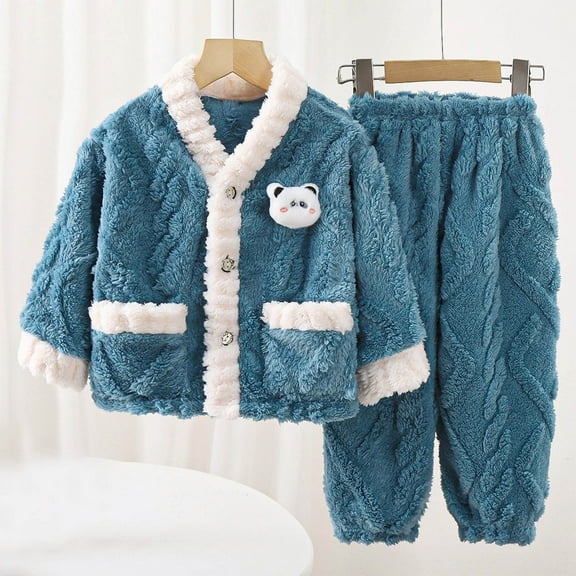 Kids Girls Boy Winter Flannel Set Long Sleeve Thermal Fleece Lined Top Solid Color Pants 2-Piece Outfit, Warm Homewear for Boys and Girls Blue 4-5 Years