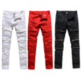thumbnail image 2 of Men Ripped Jeans Zipper Straight Trousers Distressed Long Pants, 2 of 2