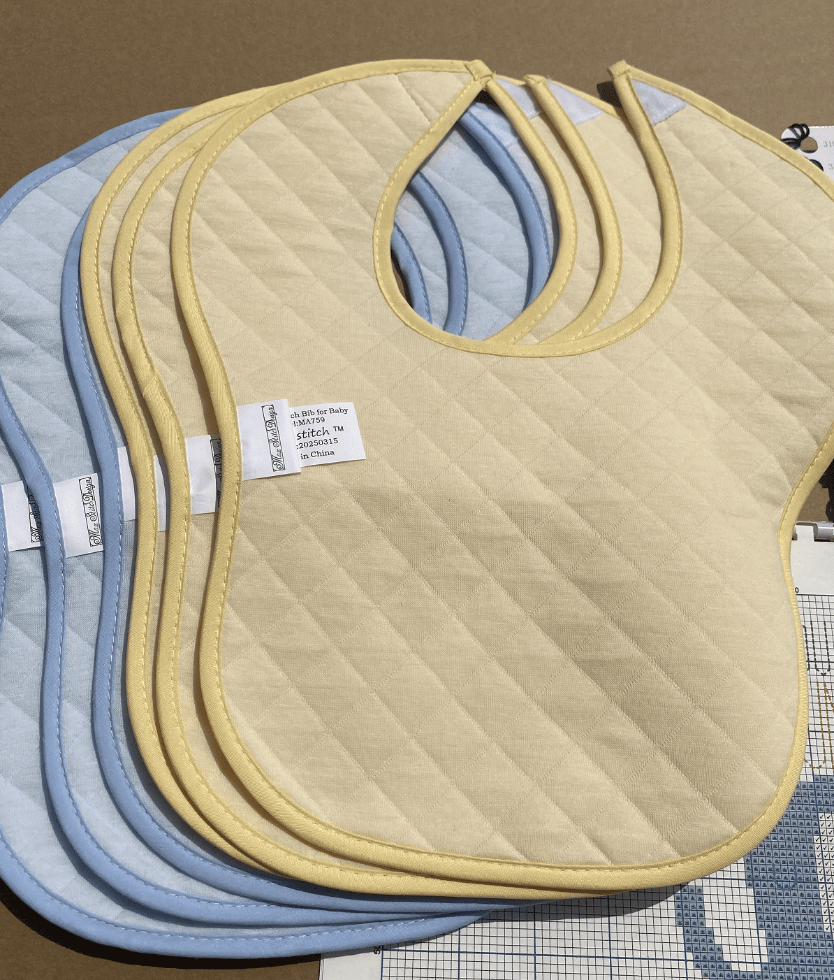 3pcs Blue,3pcs yellow cotton cross stitch baby bib 14count aida cross stitch bib