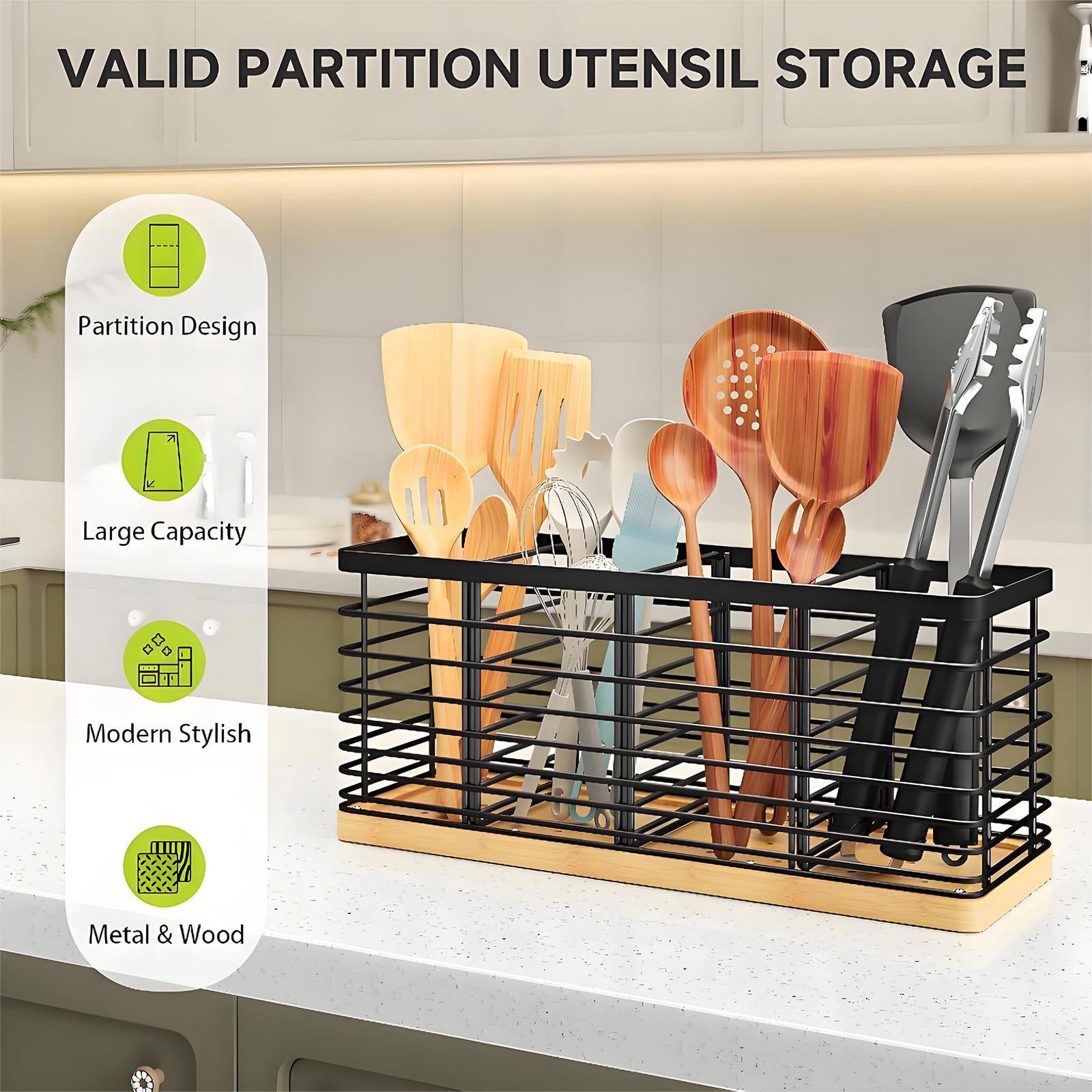 Pinovk Extra Large Kitchen Utensil Holder with 4 Compartments – Matte Black Metal & Wooden Base, Farmhouse Style Countertop Organizer for Spoons, Spatulas, Ladles