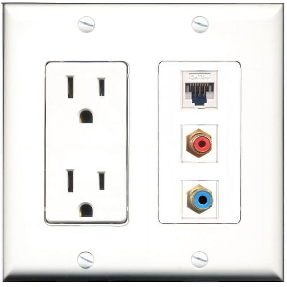 RiteAV - 15 Amp Power Outlet 1 Port RCA Red 1 Port RCA Blue 1 Port Cat5e Ethernet White Decorative Wall Plate