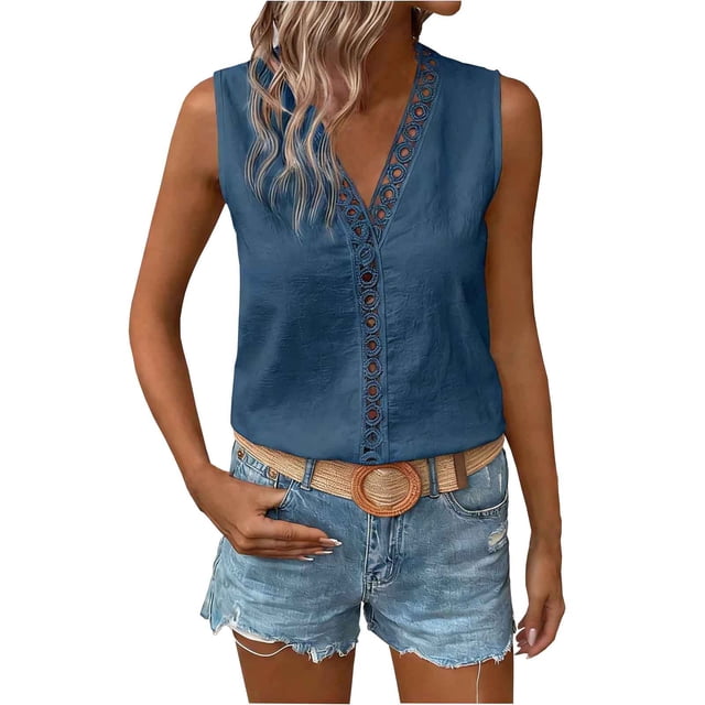 Tops Casuales sin Mangas para las Mujeres Color Hueco Costura en V-Cuello Blusa, Top de Verano Ligero para el Uso Diario