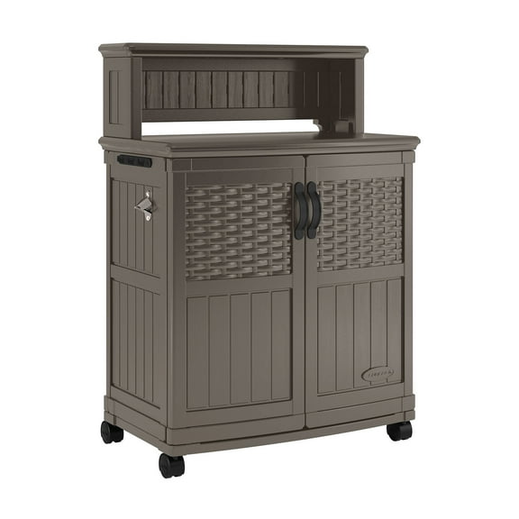 Suncast Patio Plastic Storage & Prep Station w/ Wicker Pattern, Stoney Gray