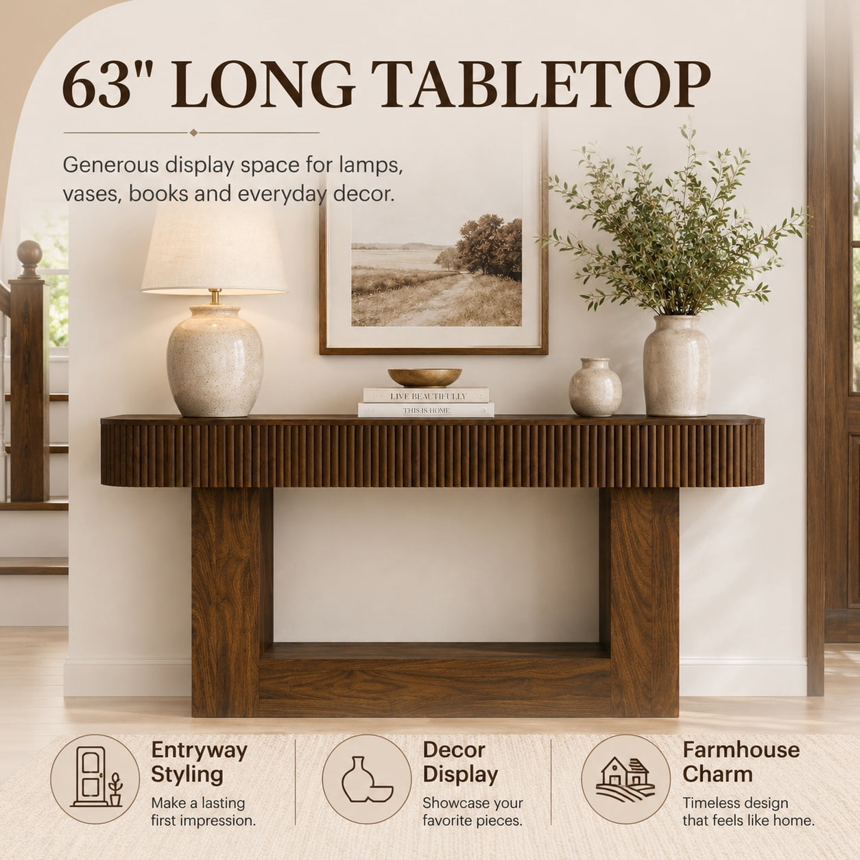 Aukfa 63" Fluted Console Table, Modern Farmhouse Entryway Table Narrow Sofa Table Behind Couch, Walnut