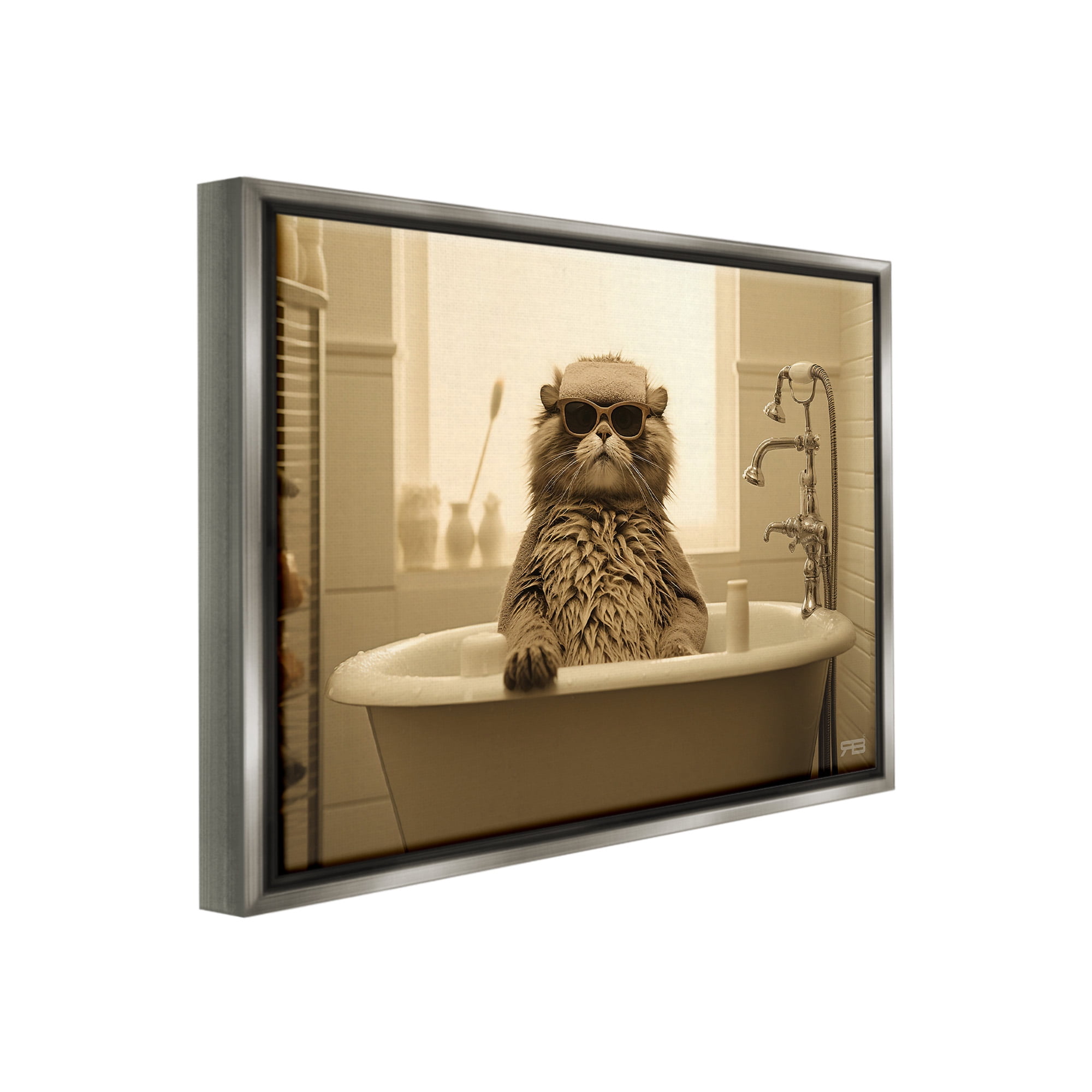 Stupell Industries Cool Cat in Bathtub Animals & Insects Painting Gray Floater Framed Canvas Art Print Wall Art, 21 x 17
