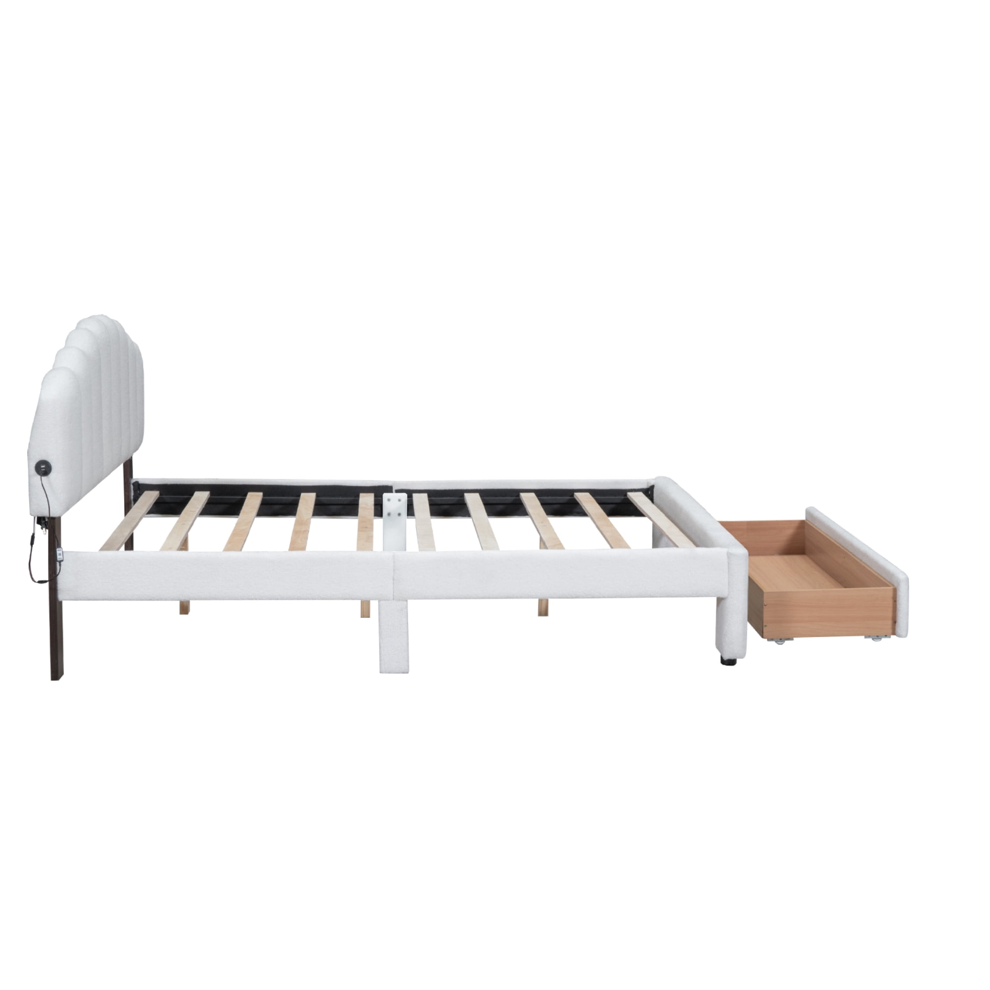 Kacho Queen Size Upholstered Platform Bed, Chic Teddy Fleece Platform Bed with Storage Drawer, Wooden Bedframe with LED Lights and USB Ports, No Box Spring Needed, for Bedroom, Guest Room, White