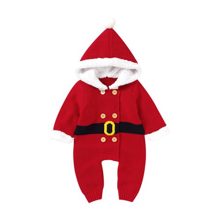 

sdghg Winter Christmas Infant Baby Girls Boys Hooded Romper Double Breasted Fur Ball Festive Warm Xmas Clothing