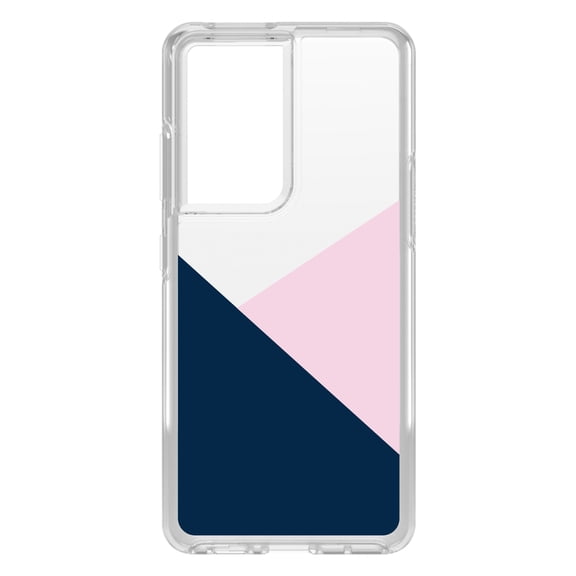 DistinctInk Clear Shockproof Hybrid Case for Galaxy S21 ULTRA 5G (6.8" Screen) - TPU Bumper, Acrylic Back, Tempered Glass Screen Protector - Color Block - Navy & Pink