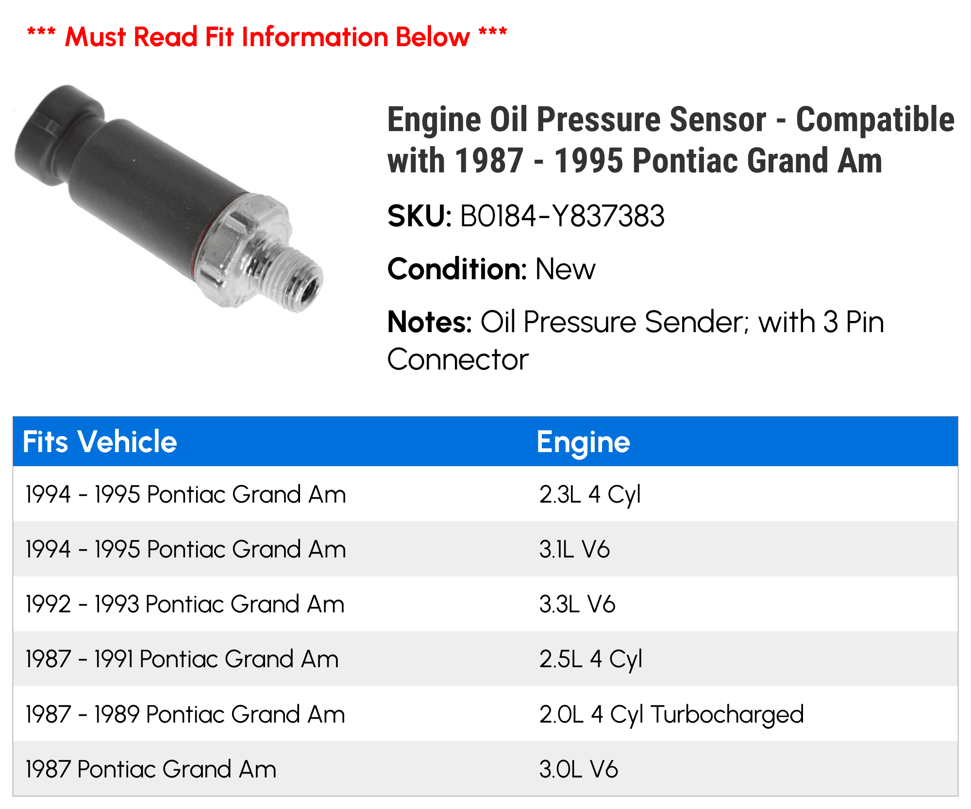 Engine Oil Pressure Sensor - Compatible with 1987 - 1995 Pontiac Grand Am 1988 1989 1990 1991 1992 1993 1994
