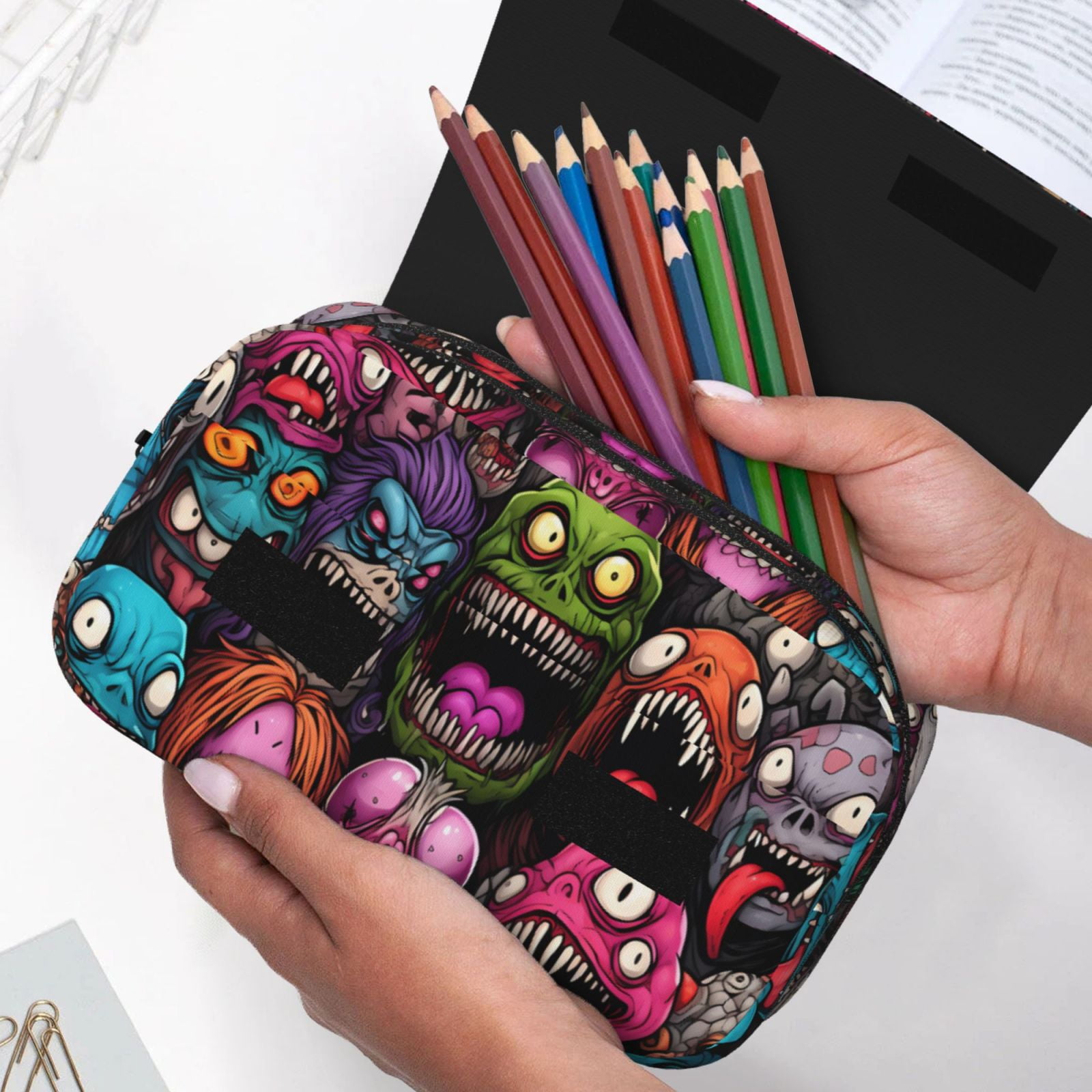 Rateoe Monstrous Cartoon Characters Pattern Double Clamshell Pen Case, Storage Organizer with Two Zipper Compartments– Holds Up to 50 Pencils & Pens