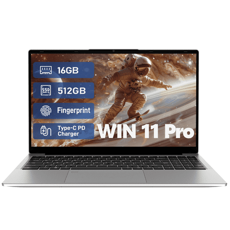 Pryloxen 15.6" Laptop , Business Laptop Win11 Pro,3050E CPU, 16GB RAM 512GB SSD, Backlit Keyboard, Fingerprint Unlock, Silver