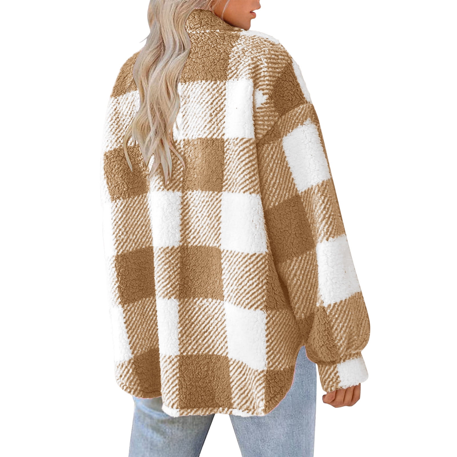 nerohusy Shackets for Women 2024 Winter Warm Fuzzy Fleece Sherpa Plaid Shirt Jackets Plus Size Button Down Long Sleeve Coats Coffee,L