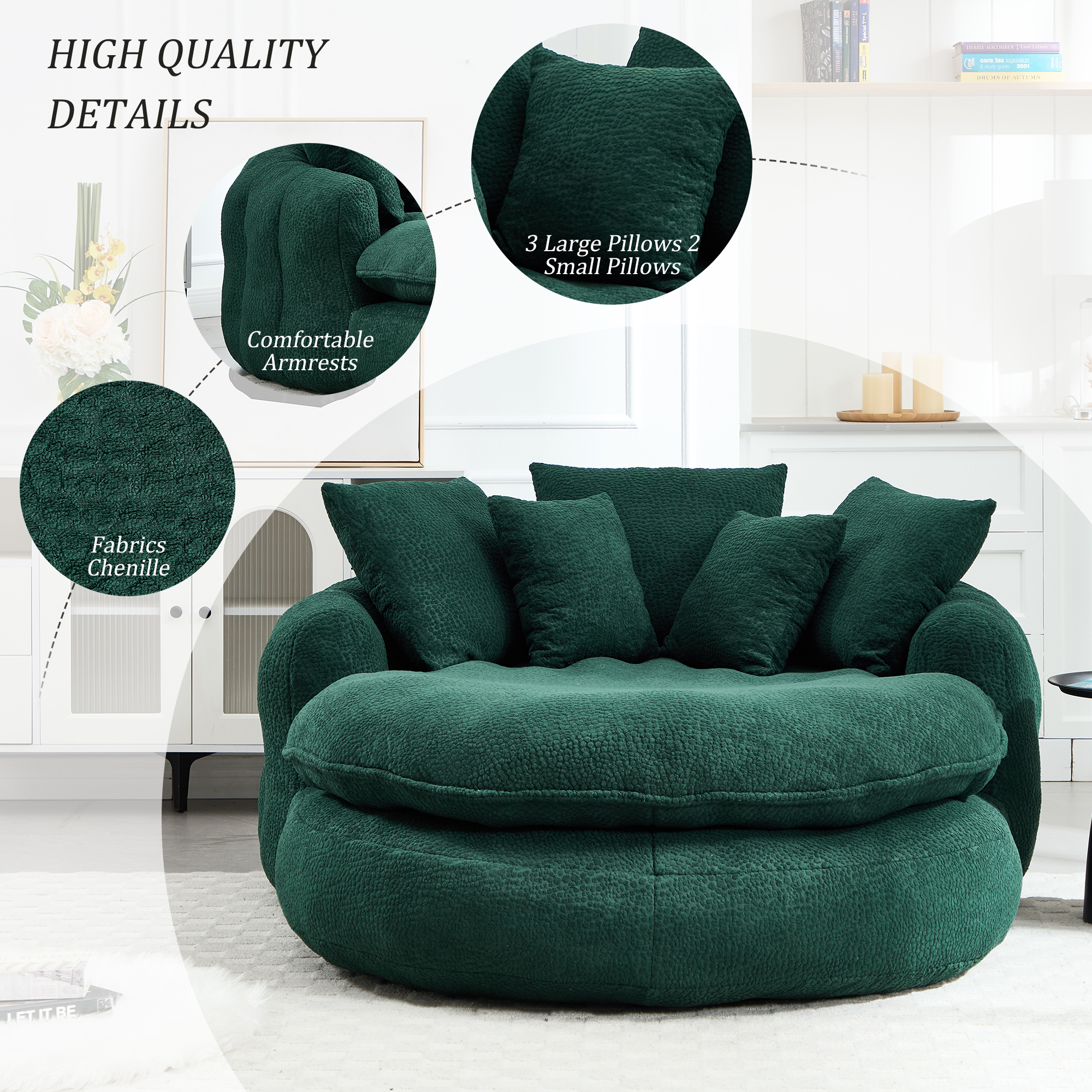 MOONMISS Chenille Upholstered Oversized Wrap Around Deep Seat Bean Bag Lazy Sofa with 5 Pillows-Emerald