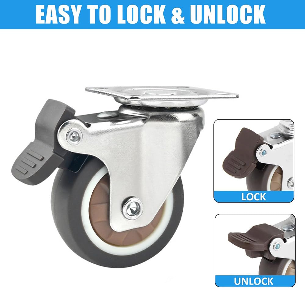 FRKSMD-2 Inch Swivel Caster Wheels with Brake(2 with Brakes&2 Without) – Heavy Duty Rubber Casters Set of 4, Supports up to 231 Lbs, No Noise, Locking Plate Castors Safe for Hardwood Floor & Carpet