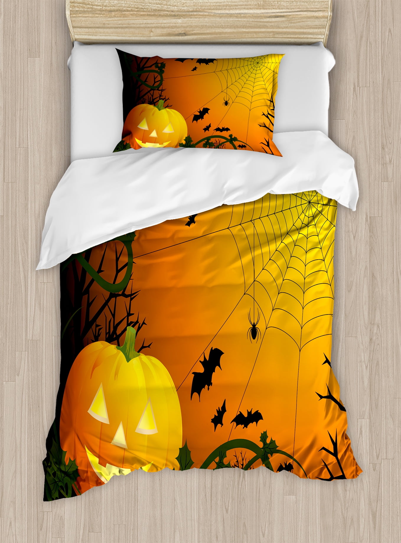 Spider Web Duvet Cover Set Themed Composition With Spider Web Duvet Cover Set Themed Composition With Pumpkin Leaves Trees And Bats Decorative Bedding Pillow Shams Orange Dark Green