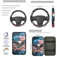 thumbnail image 3 of Jeiento Eagle Car Seat Cover Full Set, 13 Pcs US Flag Auto Interior Accessories Set with Steering Wheel Cover, Seatbelt Pads, Armrest Cushion, Coaster, Keychain, Universal Fit for SUV, Truck, 3 of 8