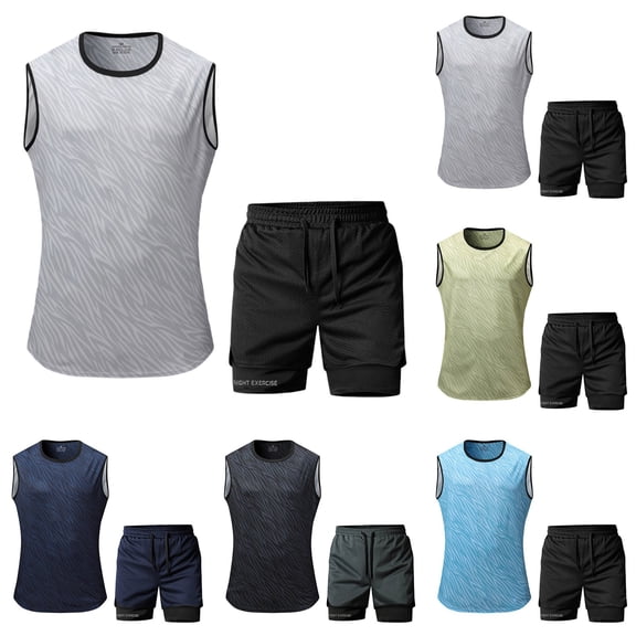 Bovxnpu Men's Clothing Set 2 Piece Outfits Tracksuit Sleeveless Crew Neck Men's Casual Button Shirt Pants Set