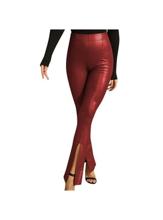 Sunisery Women's Faux Leather Leggings High Waist Bootcut Flare Leg  Stretchy Hem Split Pants Skinny Tights Wine Red 3XL 