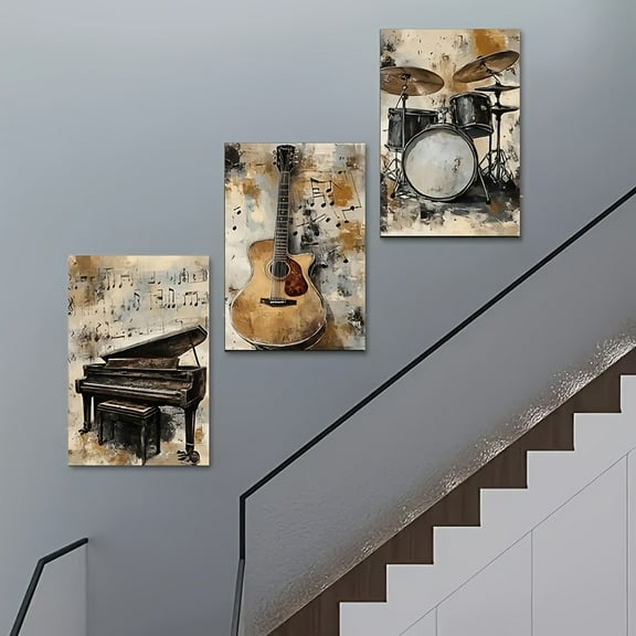 3pcs Retro Instrument Canvas Wall Art Set - Guitar, Piano, Drums Posters, Unframed Posters for Living Room, Bedroom, Kitchen, Bathroom, Office & Cafe - Perfect Room Decor, Bedroom Wall Decor|Vintage