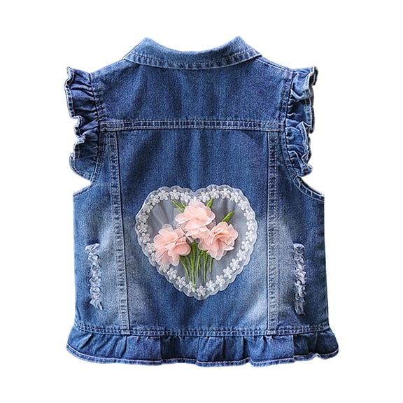 xaoyunyn Girls Denim Vest Casual Fashion Button Down Ruffle Sleeveless Floral Jacket with Pockets 18M-10 Years