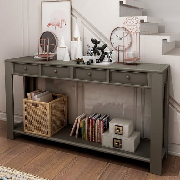 Console Table for Entryway with 4 Storage Drawers and Bottom Shelf Long Sofa Table Entryway Table for Living Room Entry Hallway Bedroom (64" khaki)