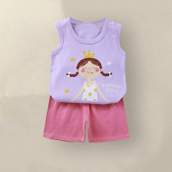 Cethrio Kids Girls Outfit Sets, 2-Piece Summer Sleeveless Shirts and Shorts Sets Purple Size 5-6 T