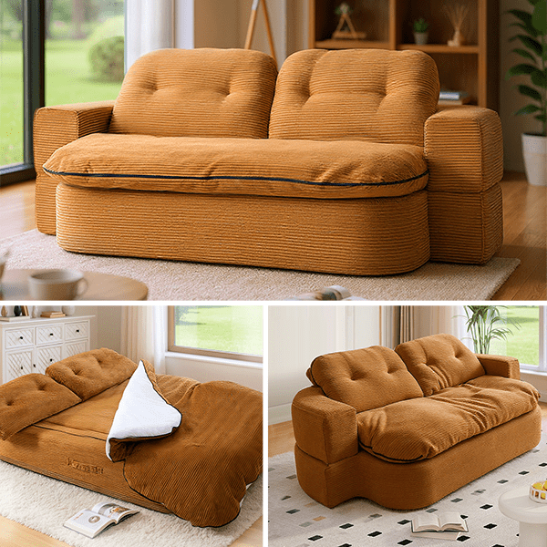 Zocalo Sofá Cama 3 en 1, Sofá Cama de Pana Multifuncional, Asiento Profundo, para Sala de Estar,Estilo Retro, Marrón,198 CM X 100CM X 58CM