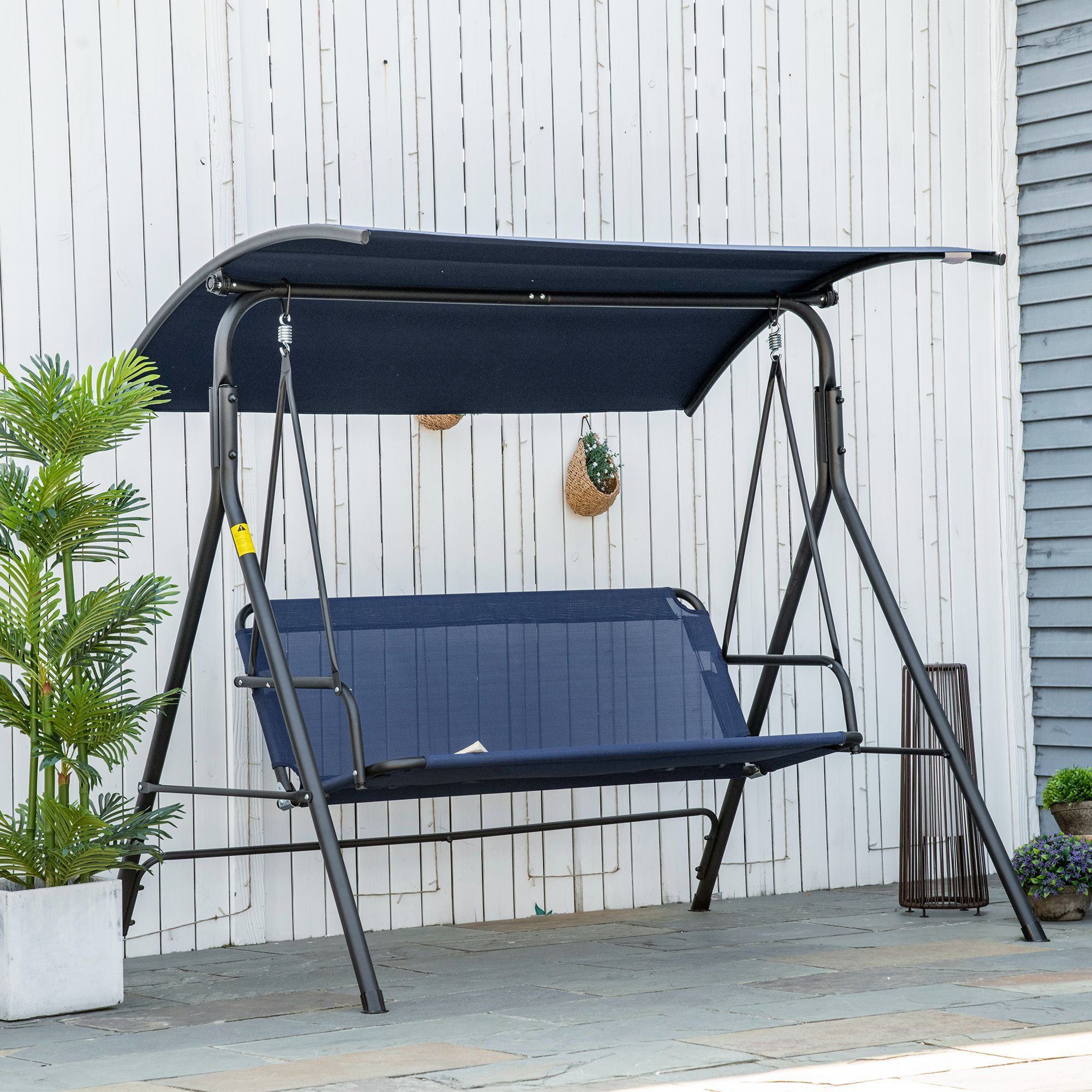 3 Person Outdoor Patio Swing Chair with Adjustable Tilt Canopy, Heavy Duty Steel A-Frame Porch Swing 440lbs Capacity Weather Resistant Bench for Backyard Poolside Balcony Dark Blue