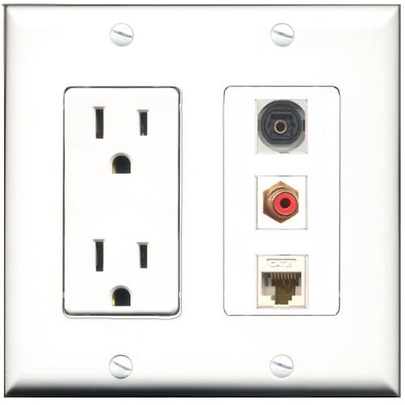 RiteAV - 15 Amp Power Outlet 1 Port RCA Red 1 Port Toslink 1 Port Cat6 Ethernet Ethernet White Decorative Wall Plate