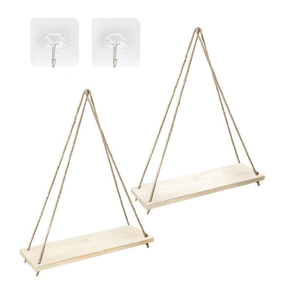 Wood Hanging Shelves for Wall, Set of 2 Boho Shelf, Wall Hanging Shelf, Window Plant Shelves, Floating Wall Shelves for Living Room Bedroom Bathroom Kitchen