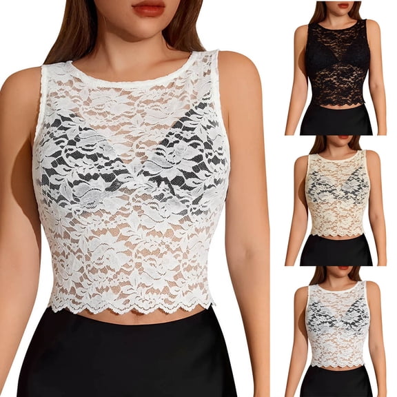Sheghy Women Tank Tops Dressy Casual Mesh Lace Tank Top, Crew Neck Sleeveless Layering Cami for Women Black S