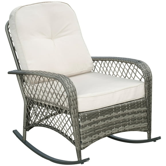 Outsunny Rattan Rocking Chair with Soft Cushion for Garden Backyard Khaki