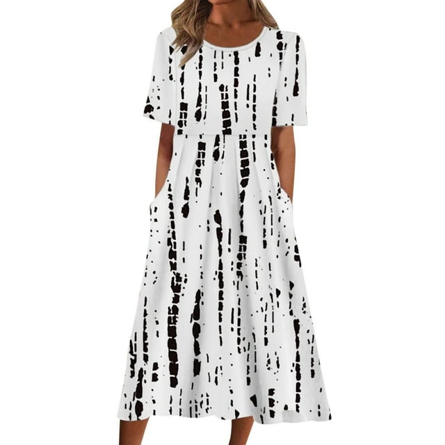 Robe d'Été Décontractée Imprimée pour Femmes, Col Rond, Manches Courtes, Robes Mignonnes Décontractées pour Femmes, Robe Ample Bohème d'Été pour Dames, Robe de Plage Décontractée avec Poche