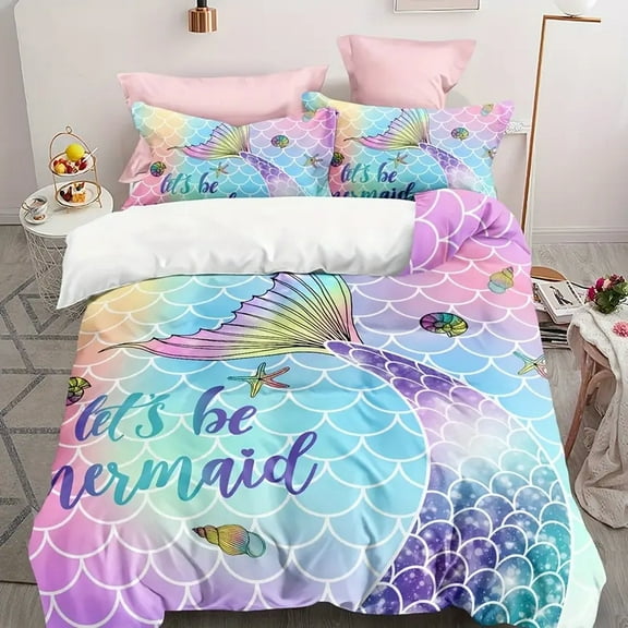 YJHDM Colorful Scaled Bedding Set 3D Mermaid Tail Duvet Cover Pillowcase 2/3pcs for Women and Girls