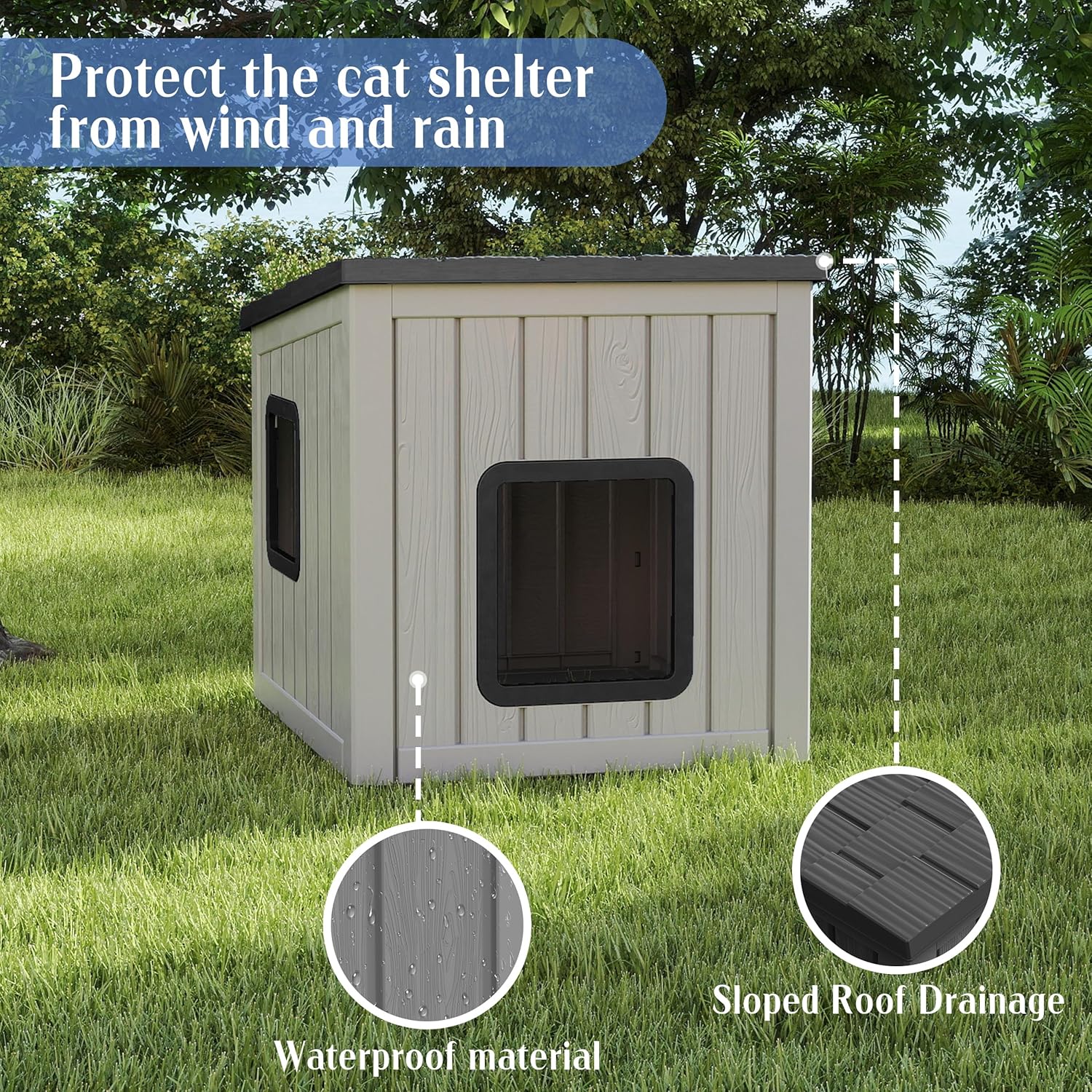 Cat House Outdoor Waterproof,Resin Cat Shelter Feral,Easy to Clean Durable Slanted Top,Cat Bed for Cats and Easy to Assemble (Black, 24.65 * 21.5 * 22.21in)
