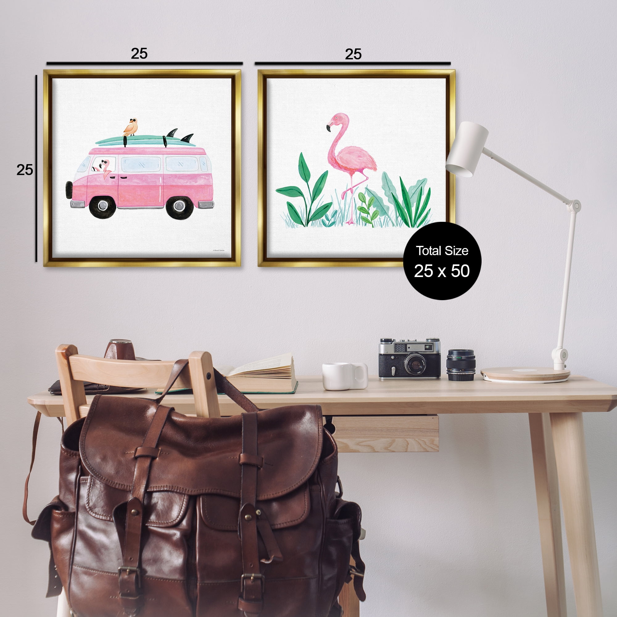Stupell Industries Flamingos Tropical Vacation Transportation Painting Gold Floater Framed Canvas Art Print Wall Art, 25 x 25, Set of 2
