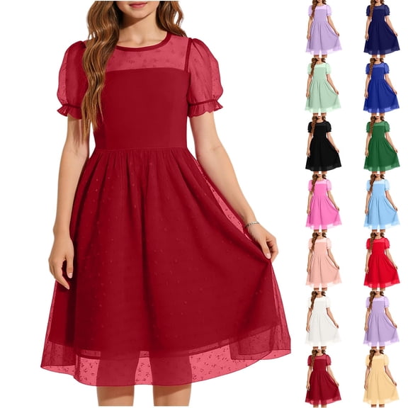 Girls Summer Dress Mesh Puff Short Sleeve Crew Neck Dot Print Sundress Casual A Line Tulle Midi Dresses (15-16 Years, Wine)